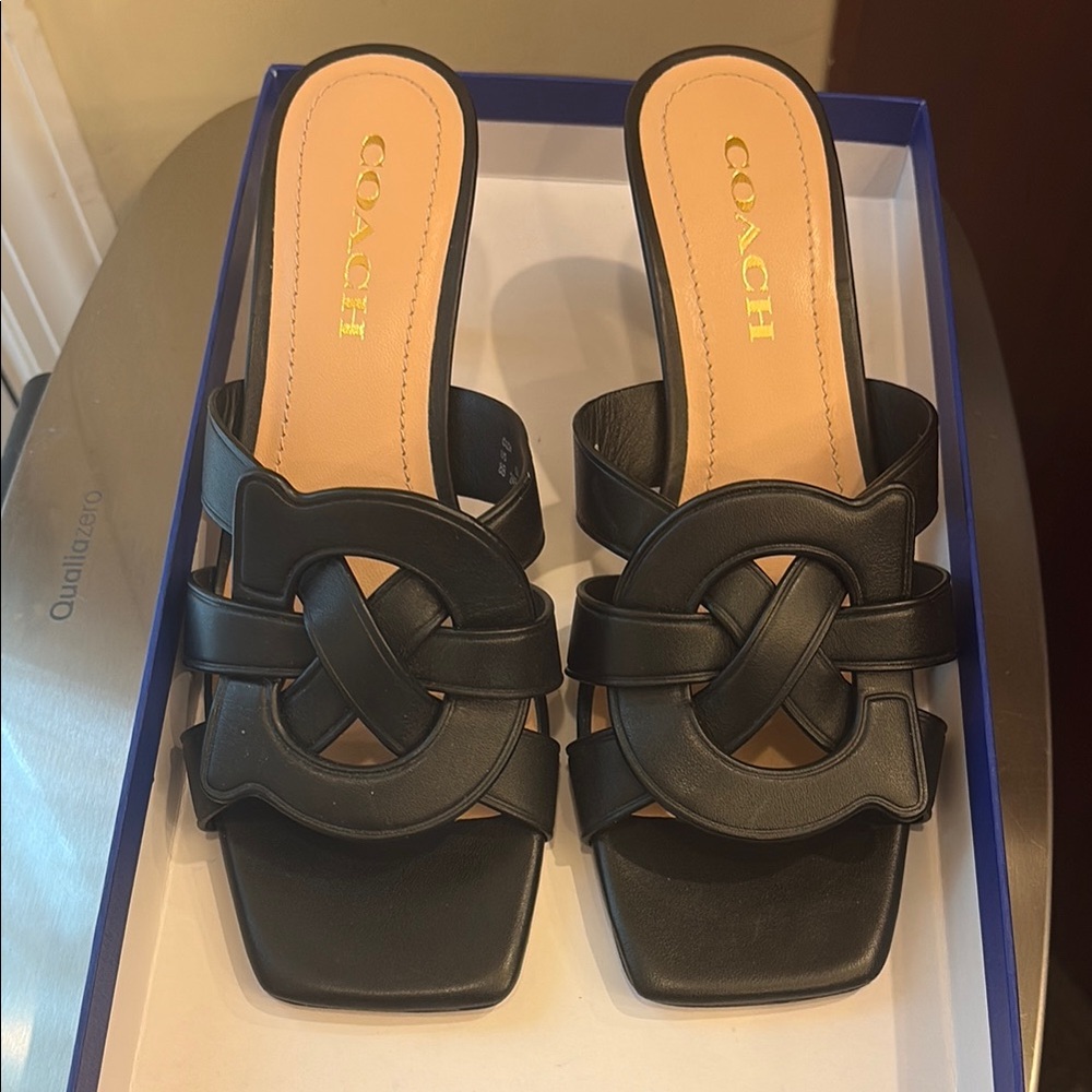 Coach Black Leather Knot Slide Sandals. 8
